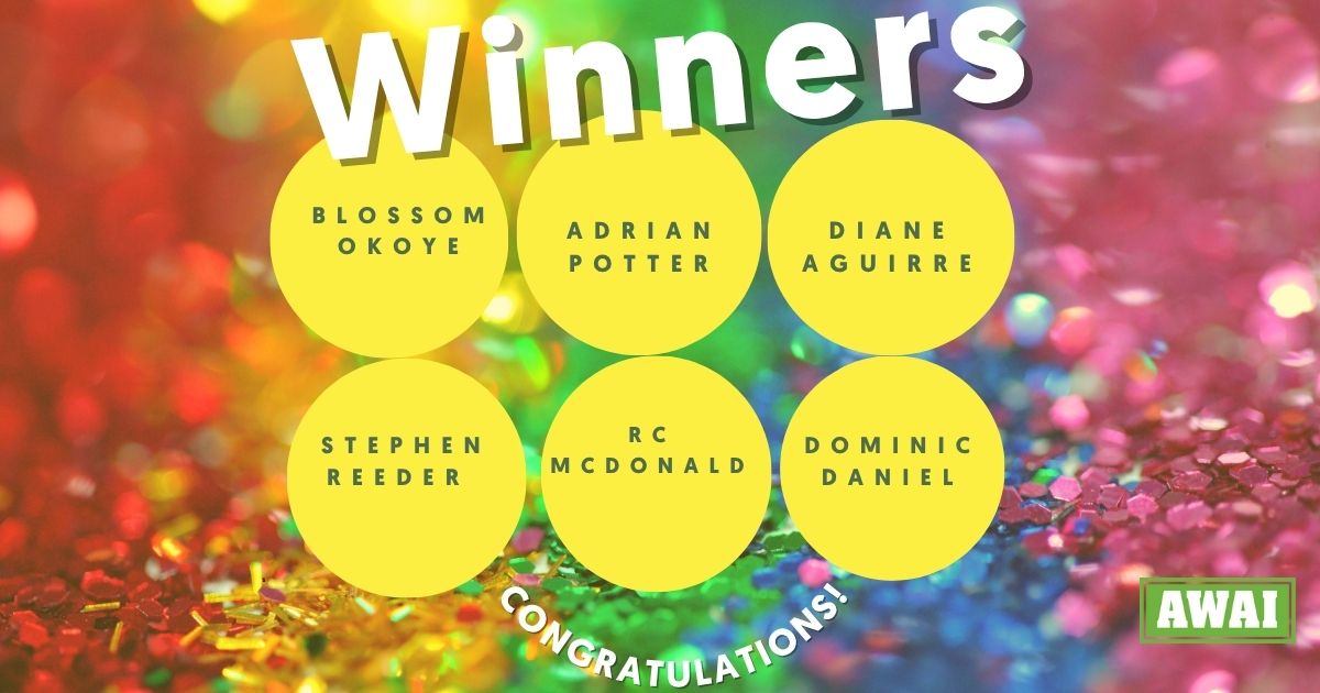 Banner announcing Blossom Okoye, Adrian Potter, Diane Aguirre, Stephen Reeder, RC McDonald, and Dominic Daniel as the winners of the June writing contest