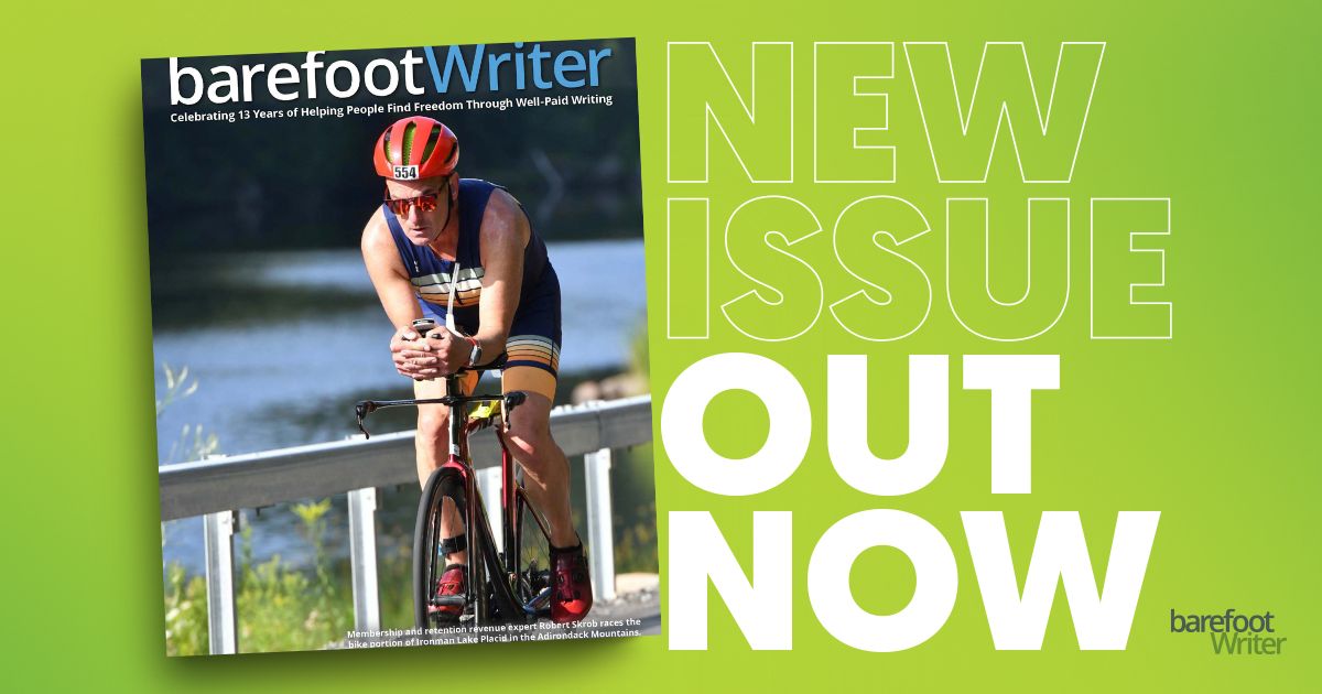 A banner with the July Barefoot Writer Magazine cover with the words: New Issue Out Now