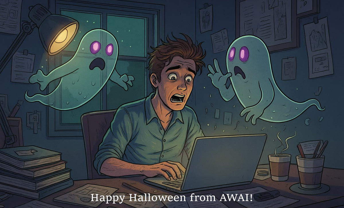 Illustration of a frightened writer at his desk late at night as two friendly-looking ghosts hover beside him, symbolizing the haunting pressure of procrastination and looming deadlines.