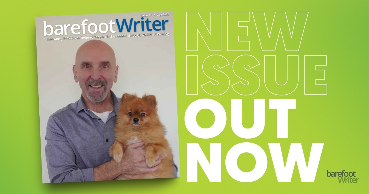 A banner with the May Barefoot Writer Magazine cover with the words: New Issue Out Now